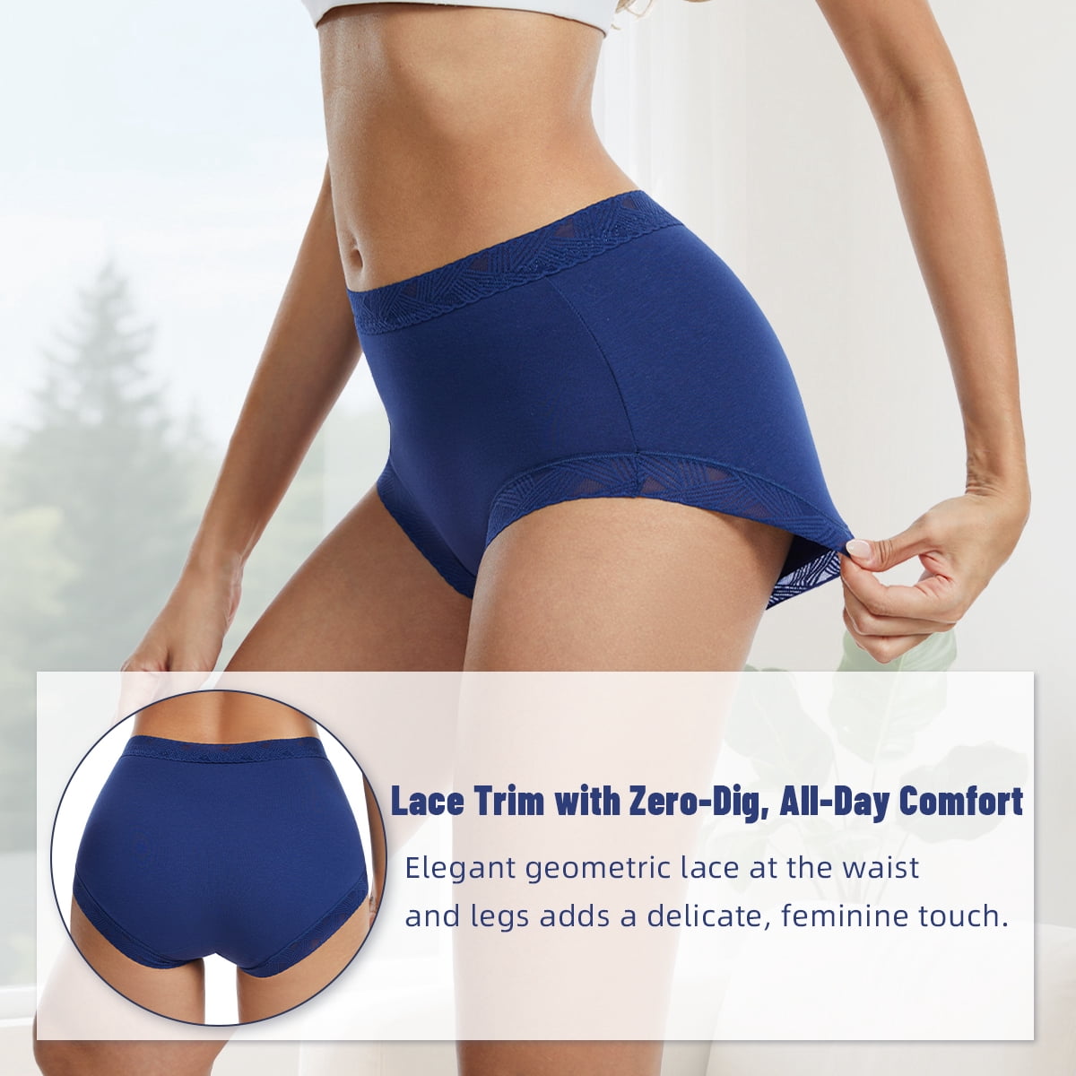 MecTo Womens Cotton Underwear 5 Pack Lace Trim High Waisted Panties Breathable Wicking Briefs