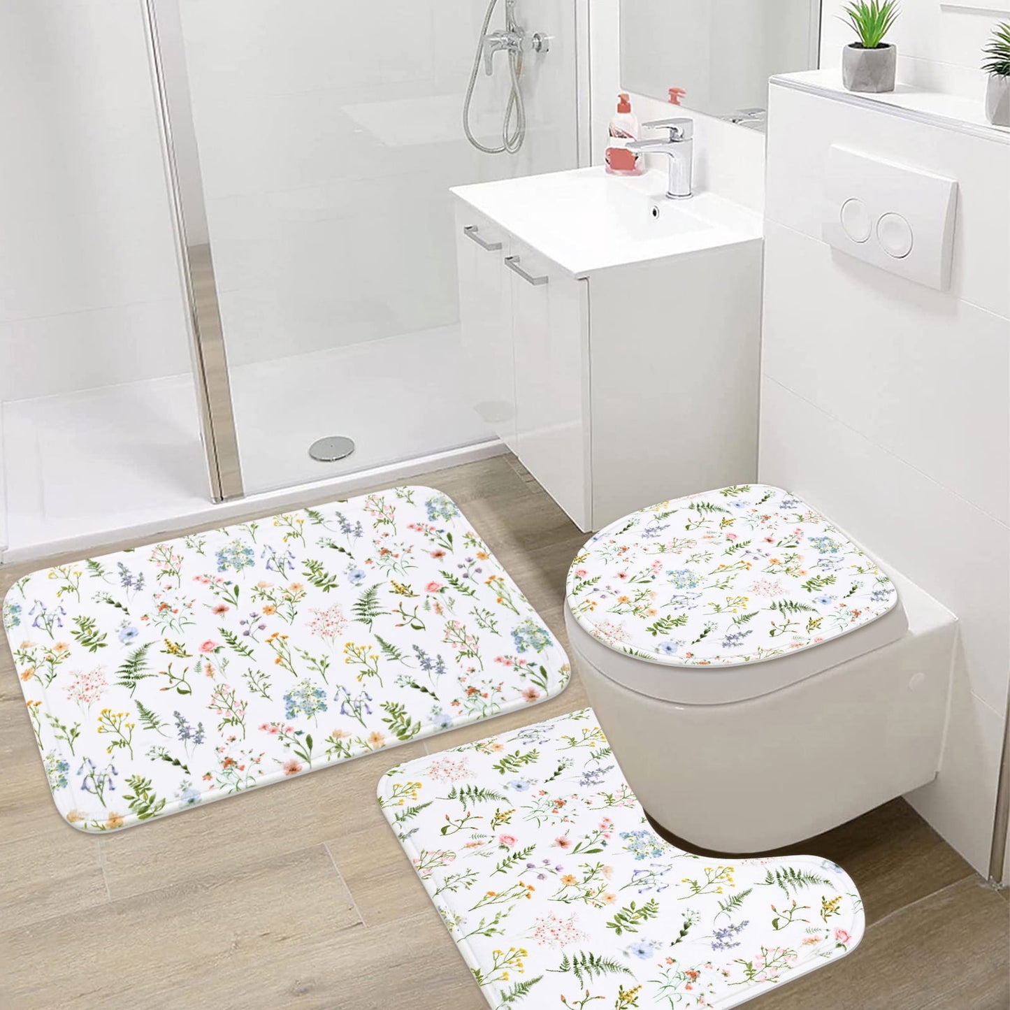 FRAMICS Watercolor Floral Shower Curtain Sets with Rugs, Colorful Wildflower Bathroom Sets with Hooks, Waterproof Fabric Bathroom Curtains, Machine Washable