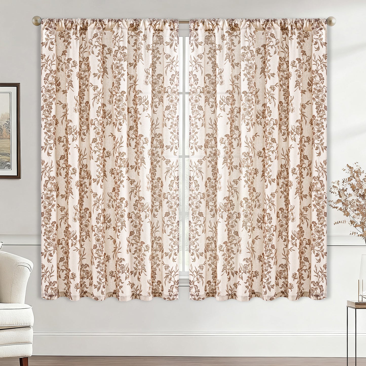 Alishomtll Floral Curtains for Living Room Farmhouse Country Linen Curtains Light Filtering Window Drapes,Brown ,52"x63", 2 Panels