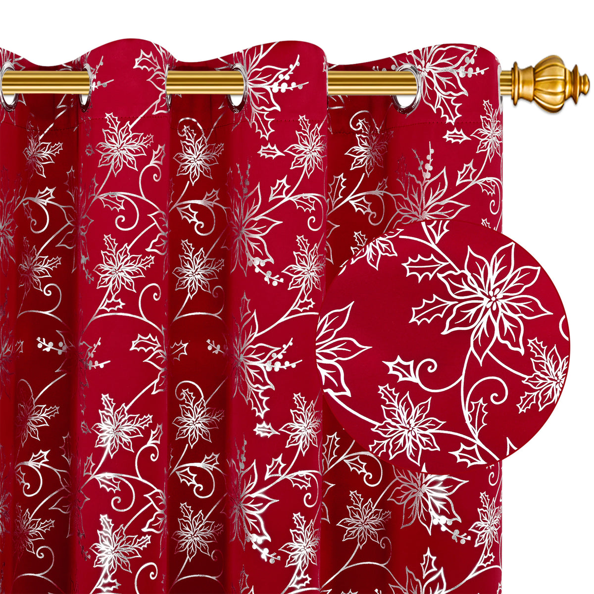 Alishomtll Red Christmas Blackout Curtains Golden Poinsettia Foil Print Room Darkening Window Drapes, 52" x 84"L, Set of 2 Panels