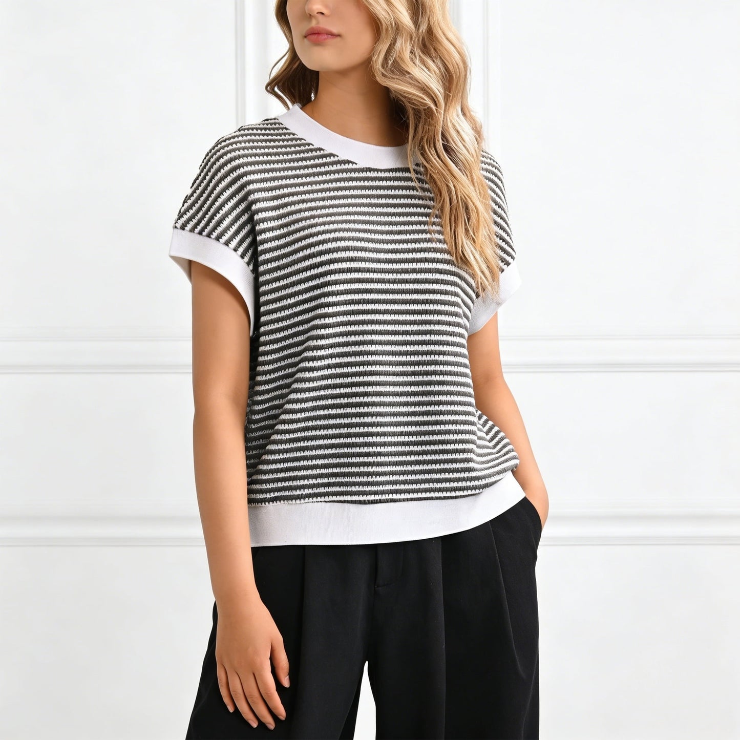 Gingprous Women's Striped Short Sleeve Sweater, Cap Sleeve Crew Neck Knit Top Pullover for Spring Summer