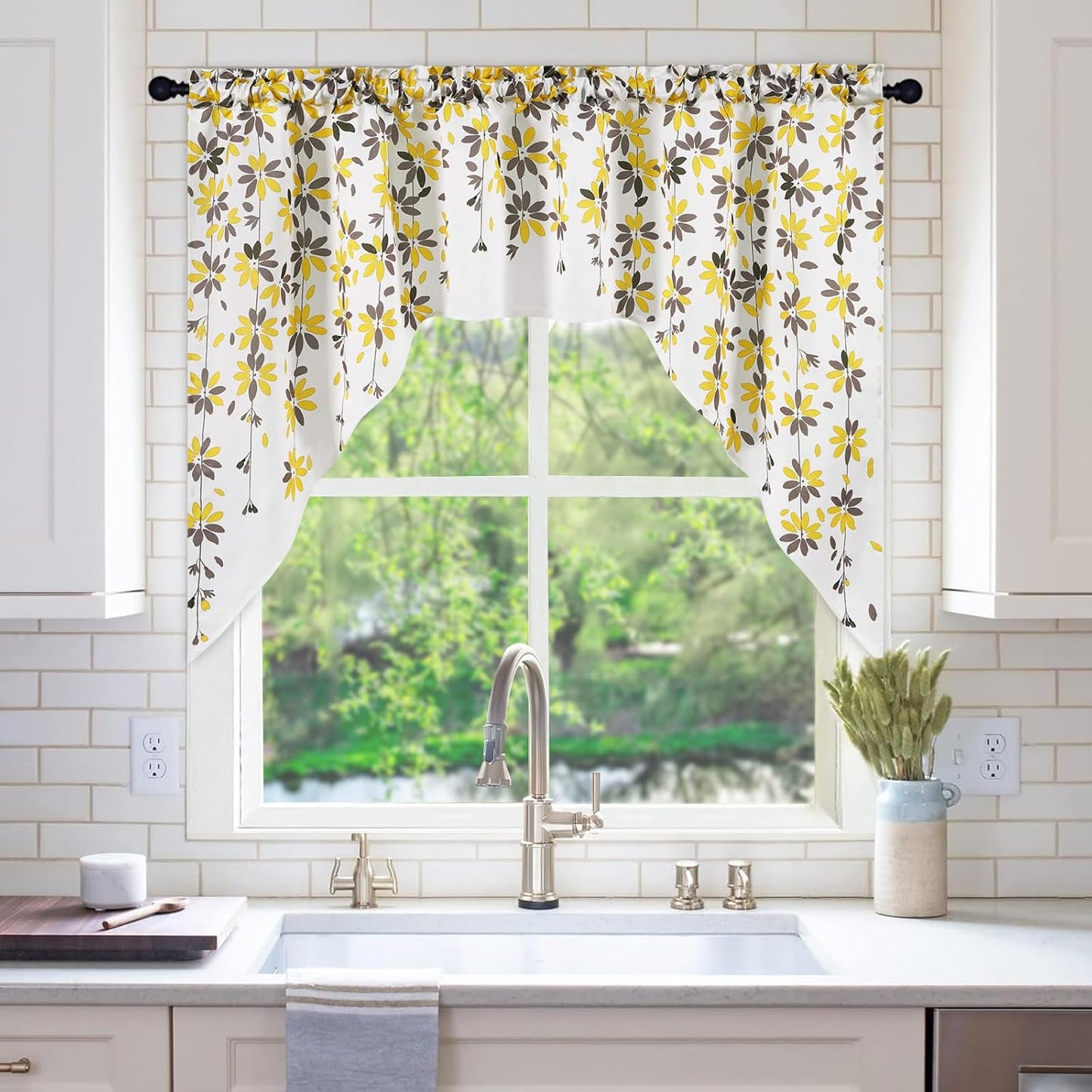 Alishomtll Falling Flower Kitchen Curtains Valances Swags for Windows Window Drapes,61" W x 36" L,Rod Pocket,Yellow