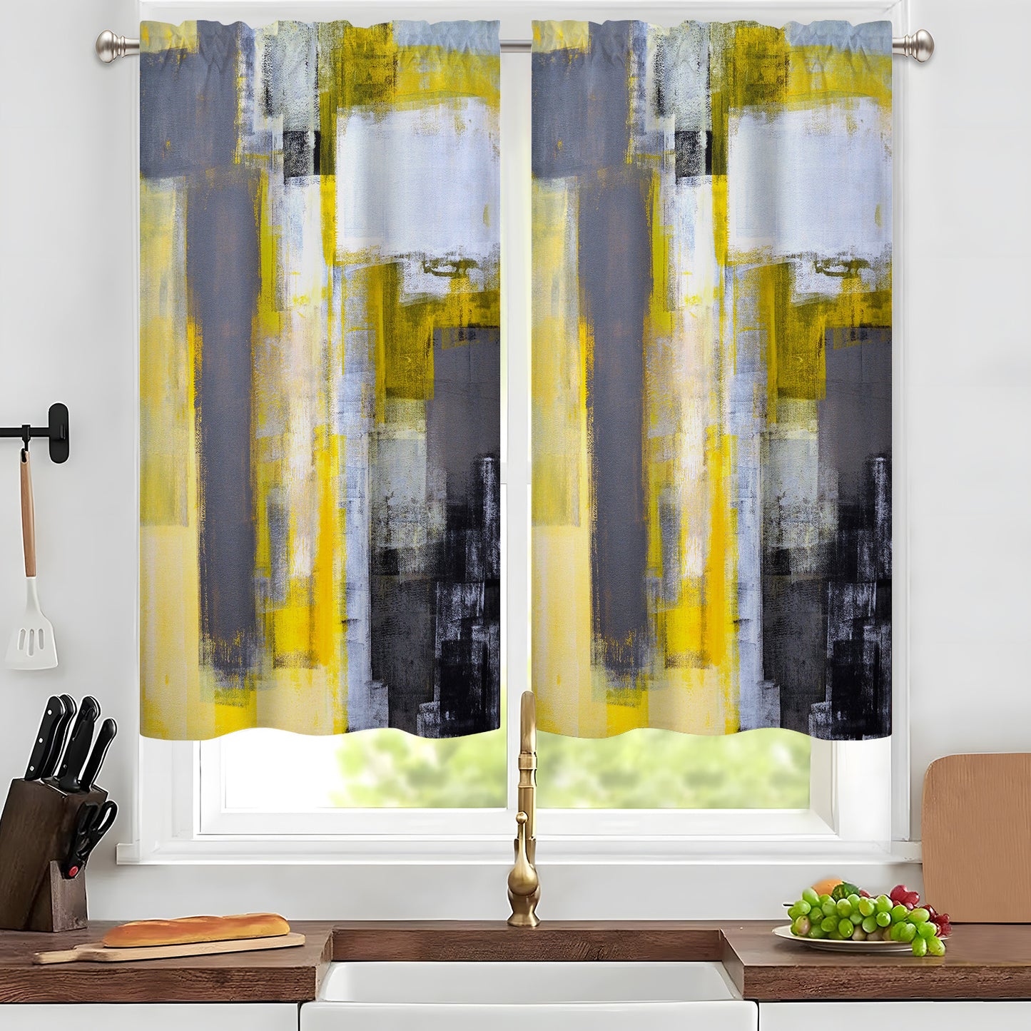 Alishomtll Kitchen Curtains Tiers Grey Yellow Kitchen Tiers Set 2 Piece for Windows Living Room 36 Inches Long