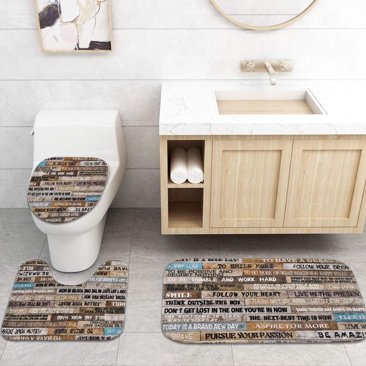 FRAMICS Brown Inspirational Quotes Shower Curtain and Rug Sets, 16 Pc Vintage Wooden Bathroom Decor Set, Waterproof Shower Curtain with 12 Hooks and Toilet Rugs
