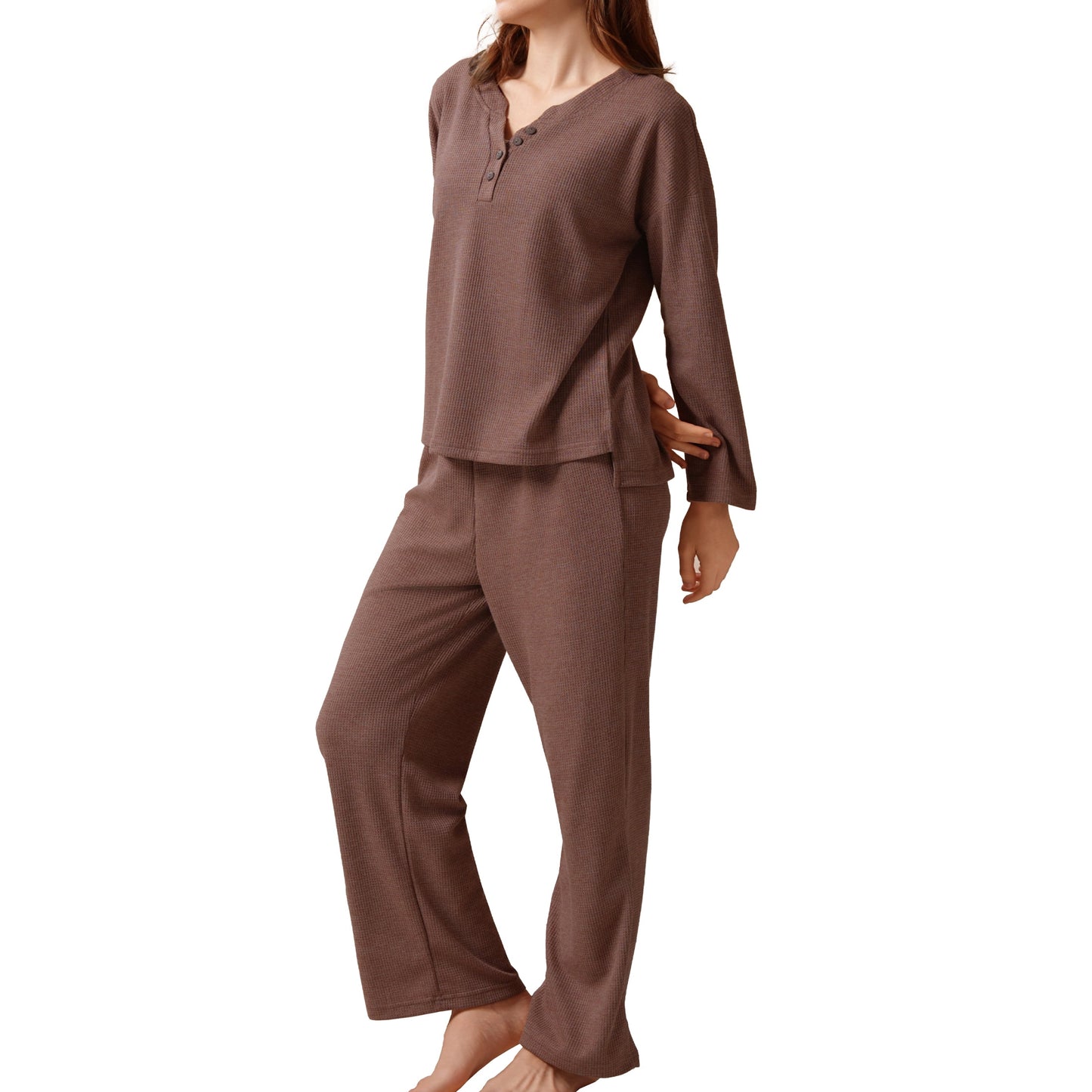 MecTo Womens Pajamas Sets Knit Pj Set V-neck Top with Long Pants Sleepwear 2 Piece Lounge Set