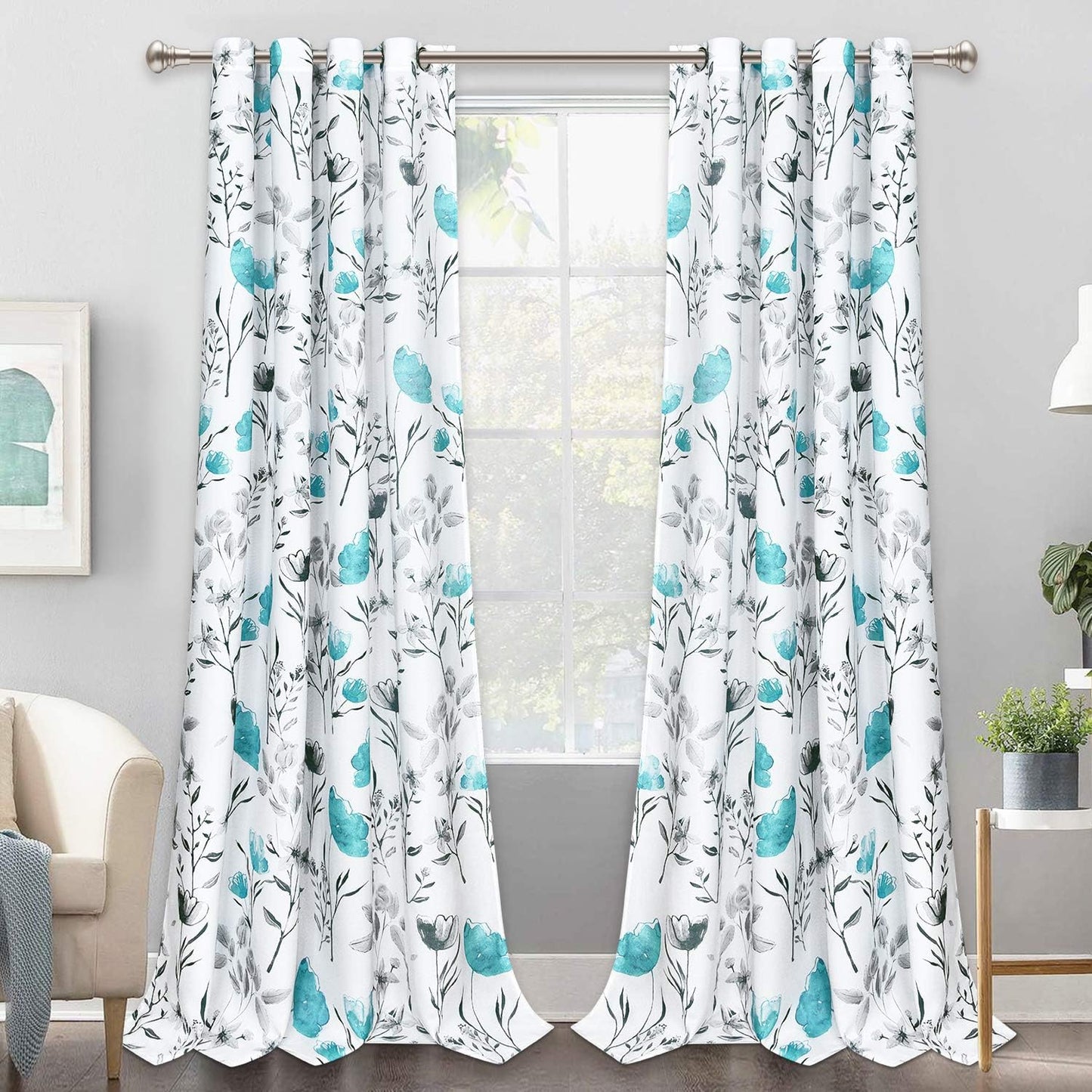 Alishomtll Watercolor Gray Teal Floral Window Curtains for Living Room Light-filtering Grommet Drapes, 52"x 84",Set of 2