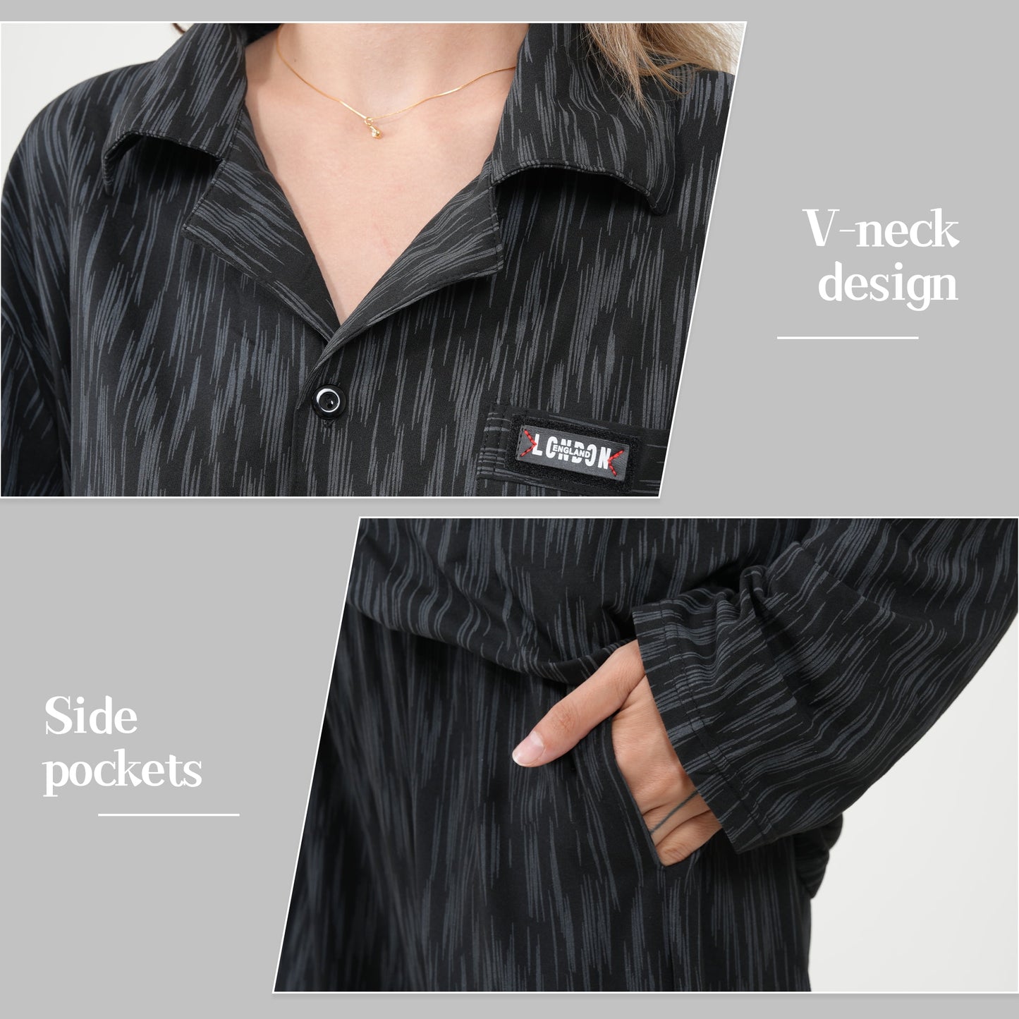 Mecto Women's Pajamas Sets Dark Texture Pattern Black Long Sleeves Shirt with and Pants Two Piece Lady PJ Set