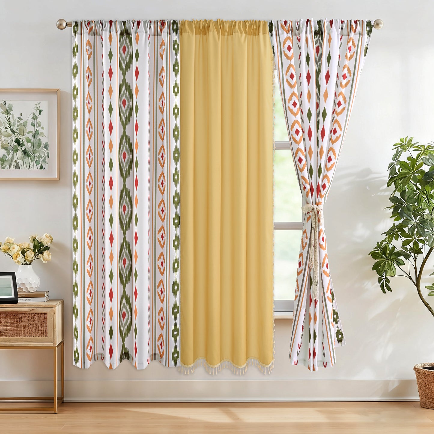 Invoibler Set of 3 Boho Curtains,60-65% Room Darkening Curtain，Window Drapes,3 Panel,Yellow-green&White