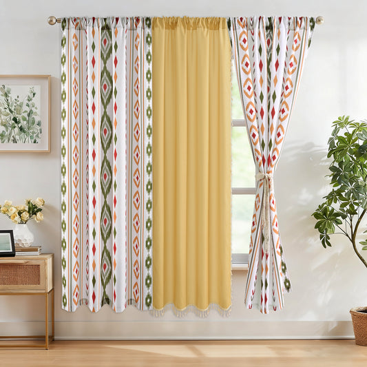 Invoibler Set of 3 Boho Curtains,60-65% Room Darkening Curtain，Window Drapes,3 Panel,Yellow-green&White