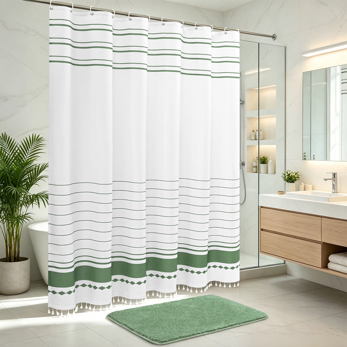 FRAMICS Striped Tassel Shower Curtain Sets with Bath Rug, Boho Farmhouse Water-Repellent Fabric Bathroom Sets with Hooks, Slub Textured Design, 72" x 72", Sage Green