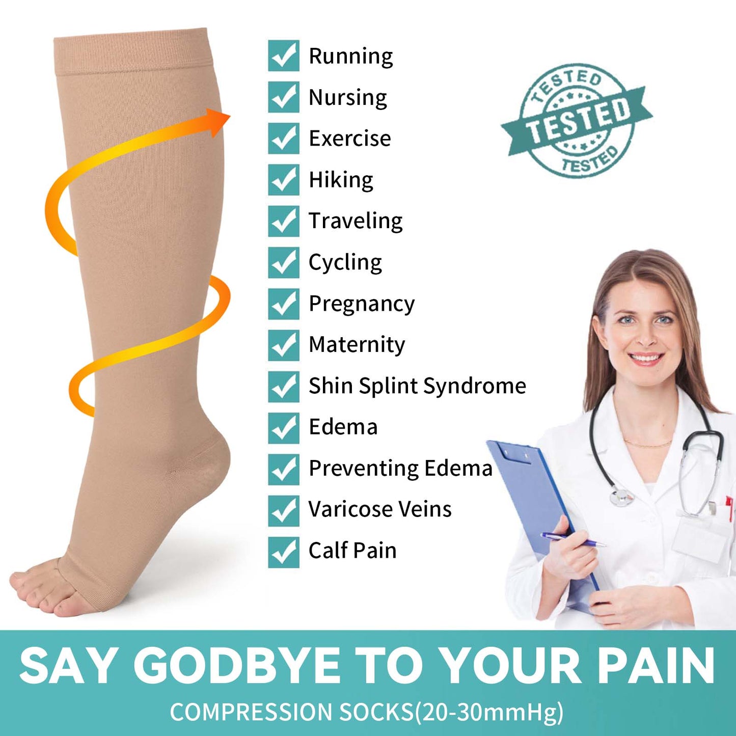 MARTINE MALL 2 Pair Knee High Graduated Compression Stockings 20-30 mmhg Open Toe Compression Socks for Women and Men(Beige+Black)