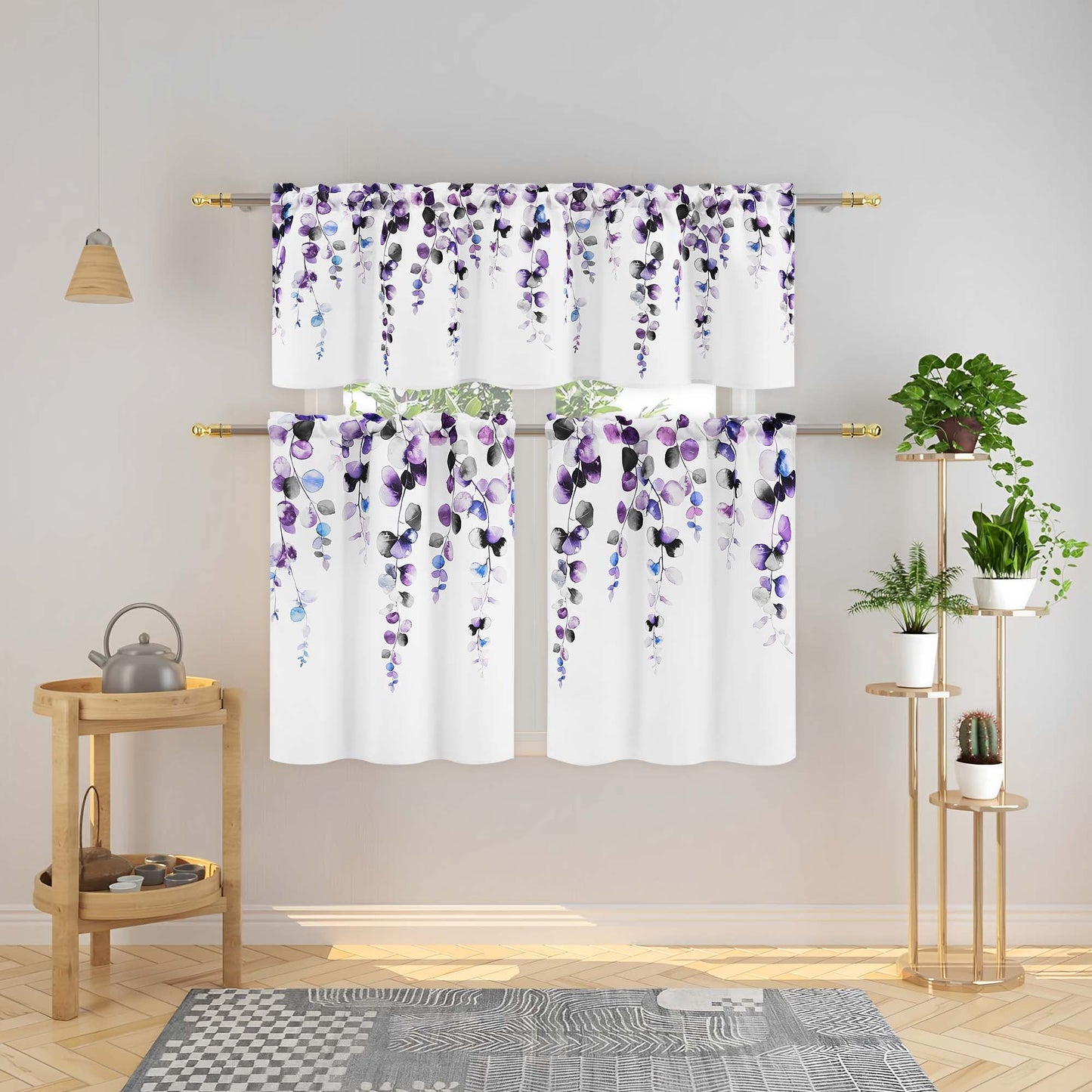 Alishomtll Valance Curtains for Living Room Bedroom Kitchen Windows Grey Purple Watercolor Leaves Print ,52 x 18 inch,Rod Pocket