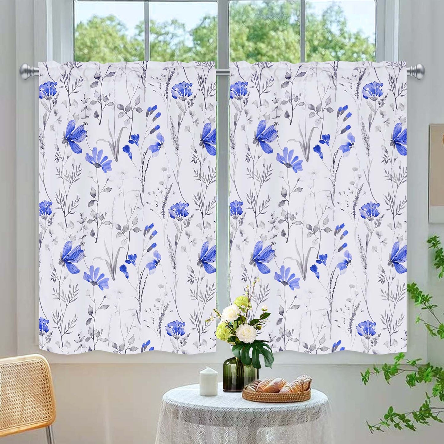 Alishomtll Kitchen Curtains Blue Floral Light Filtering Small Window Kitchen Curtains Sets ,26"Wx36"L,2 Panels,Rod Pocket