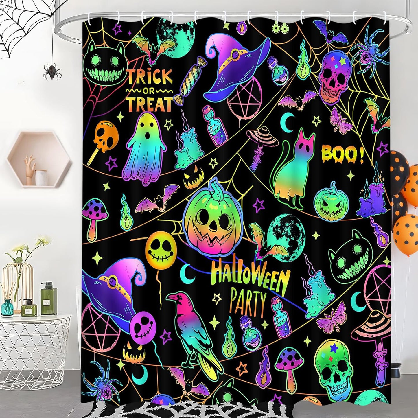 FRAMICS Halloween Blacklight Shower Curtain Sets with Rugs, 16 Pc Colorful Pumpkin Ghost Bathroom Sets, Waterproof Fabric Bathroom Curtain Decor with Hooks