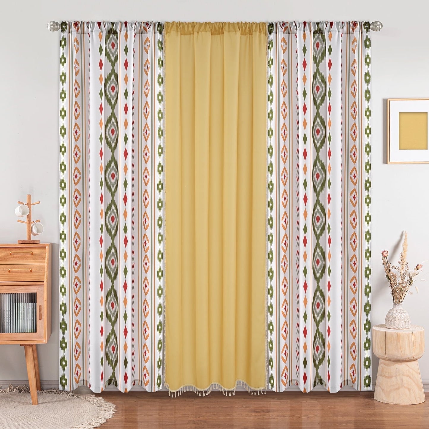 Invoibler Set of 3 Boho Curtains,60-65% Room Darkening Curtain，Window Drapes,3 Panel,Yellow-green&White