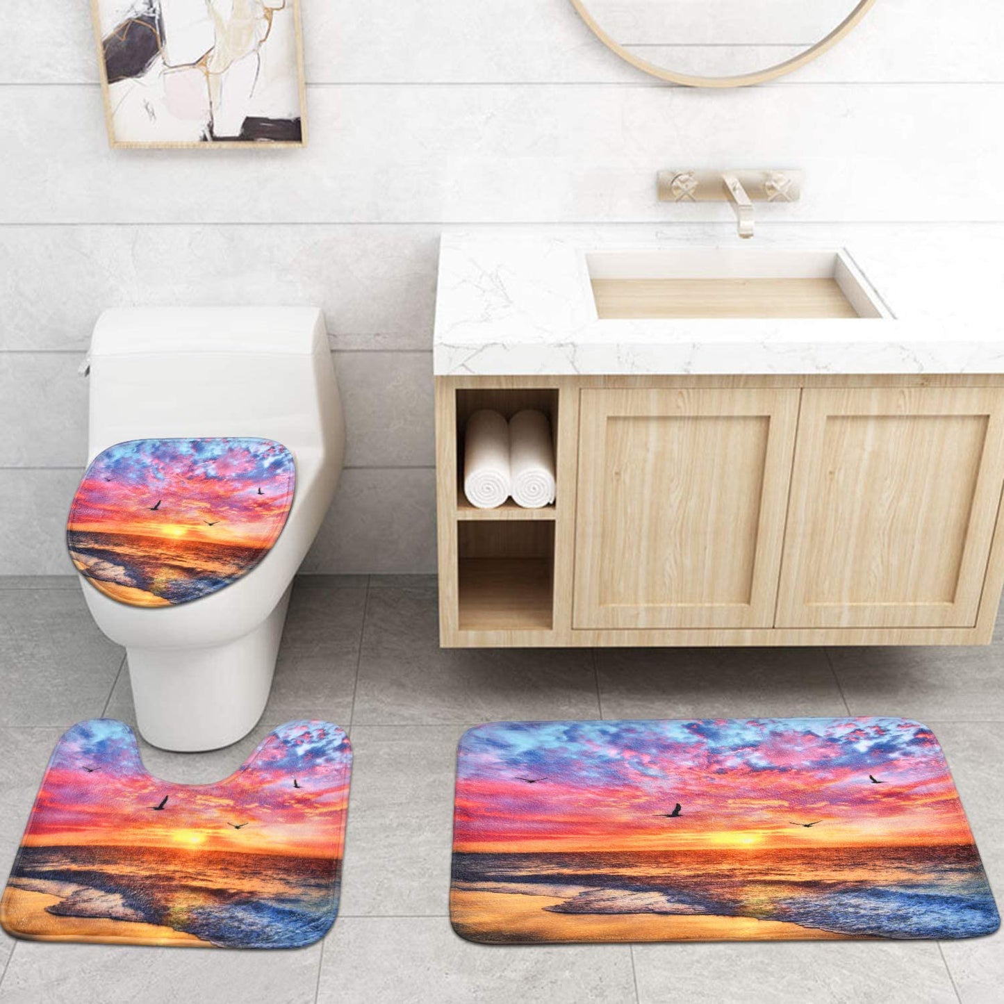 FRAMICS 16 Pc Beach Seagull Shower Curtain and Rug Sets, Purple Sunset Bathroom Sets, Waterproof Fabric Shower Curtain with 12 Hooks and Toilet Rugs