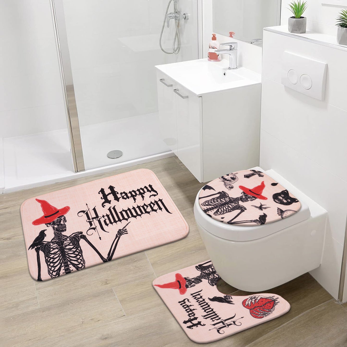 FRAMICS Halloween Shower Curtain Sets with Rugs, 16 Pc Scary Spooky Skeleton Devil Bat Bathroom Sets, Cute Pink Waterproof Fabric Shower Curtain with 12 Hooks and Toilet Rugs