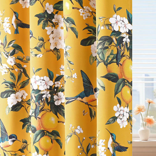 Alishomtll Floral Lemon Hummingbird Blackout Curtains Room Darkening Grommet Window Drapes for Living Room , 52" x63", ,Set of 2 Panels,Yellow