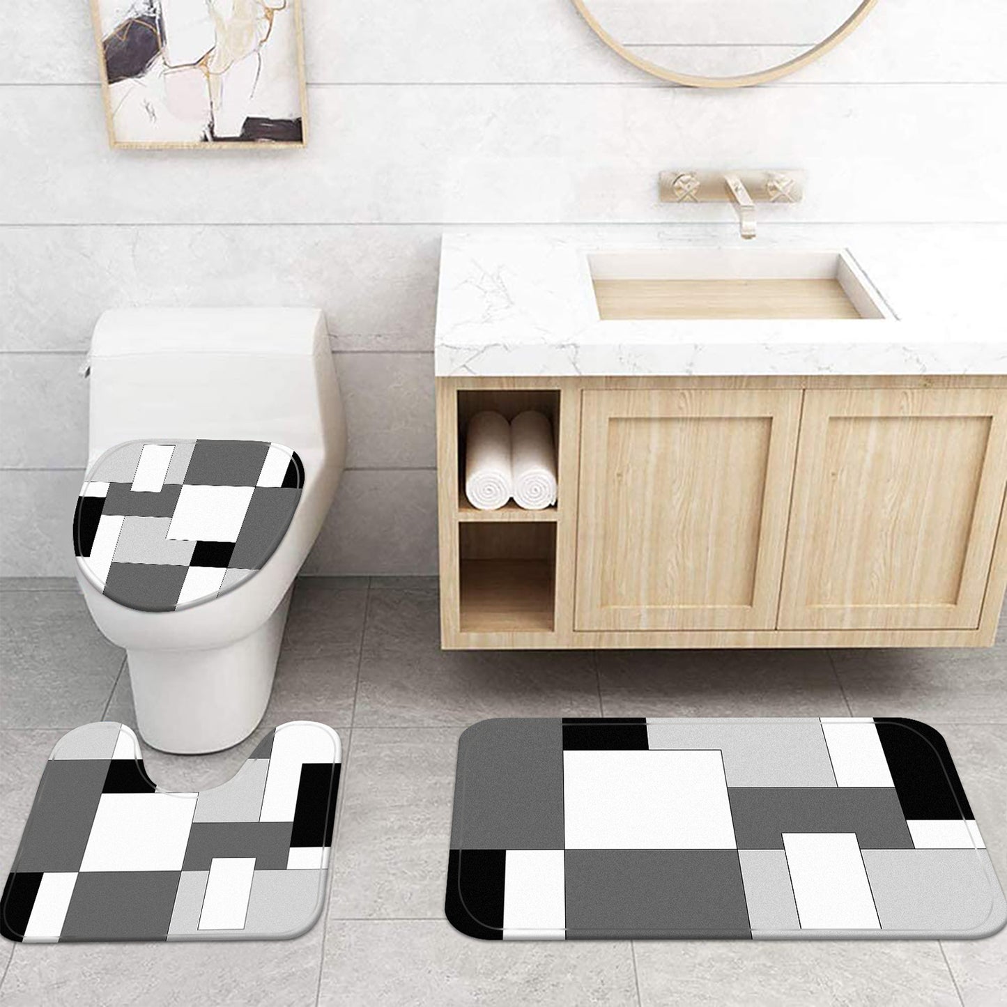 FRAMICS Gray Geometric Shower Curtain and Rug Sets, 16 Pc Black White Checkered Bathroom Sets, Modern Abstract Waterproof Fabric Shower Curtain Sets with 12 Hooks