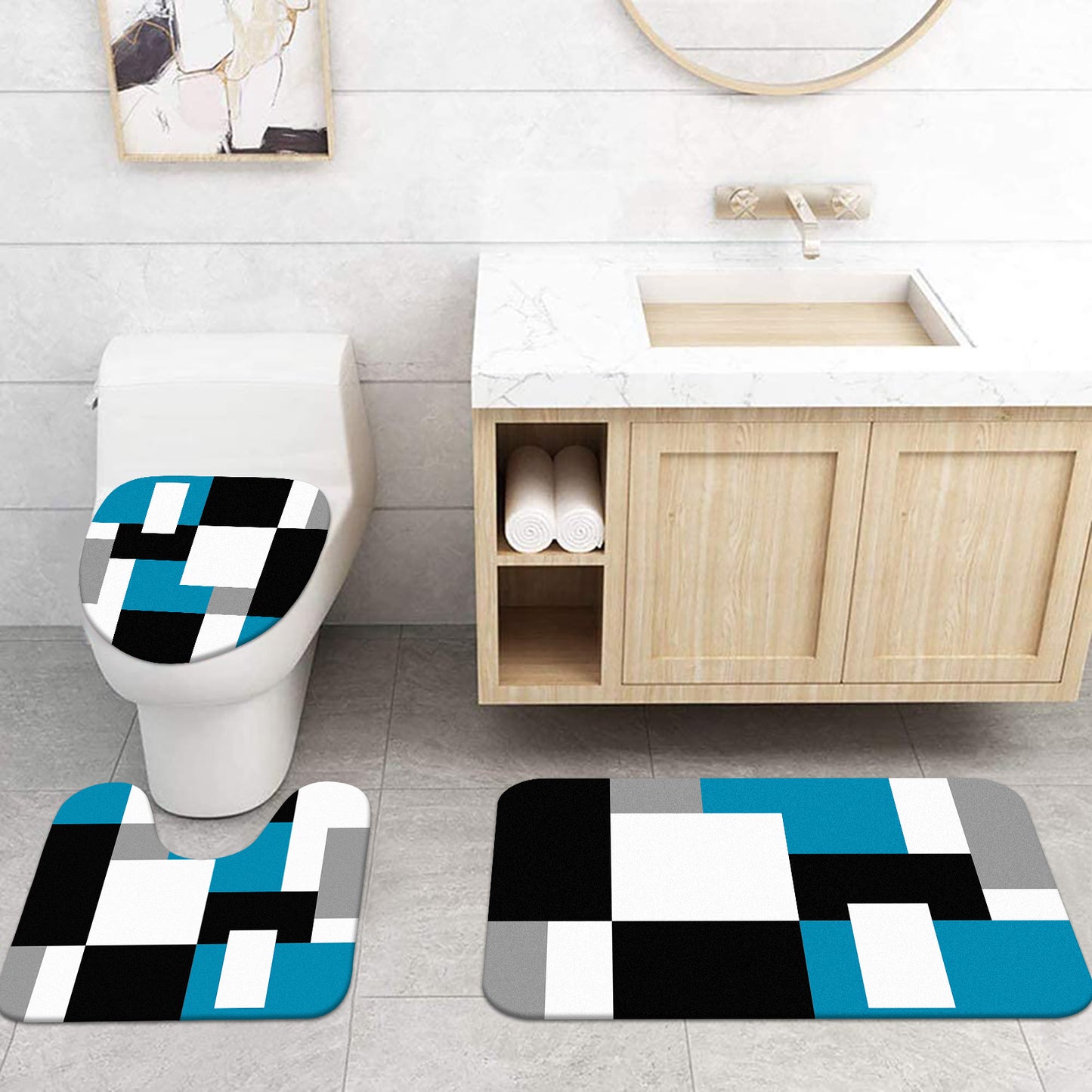 FRAMICS Blue Geometric Shower Curtain and Rug Sets, 16 Pc Black Grey Modern Abstract Bathroom Sets, Waterproof Fabric Shower Curtain with 12 Hooks and Toilet Rugs