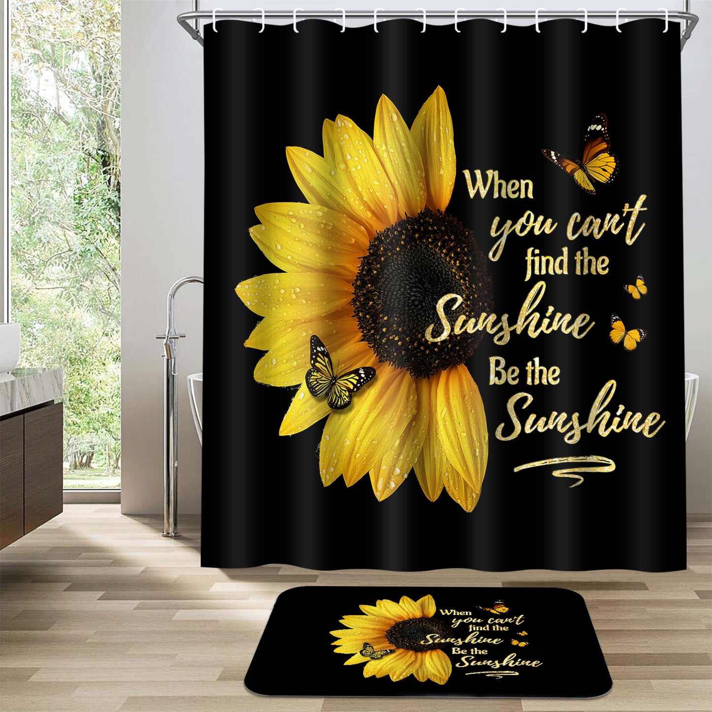 FRAMICS 16 Pc Sunflower Butterfly Shower Curtain and Rug Sets, Flower Quotes Bathroom Sets, Black Waterproof Fabric Shower Curtain with 12 Hooks and Toilet Rugs