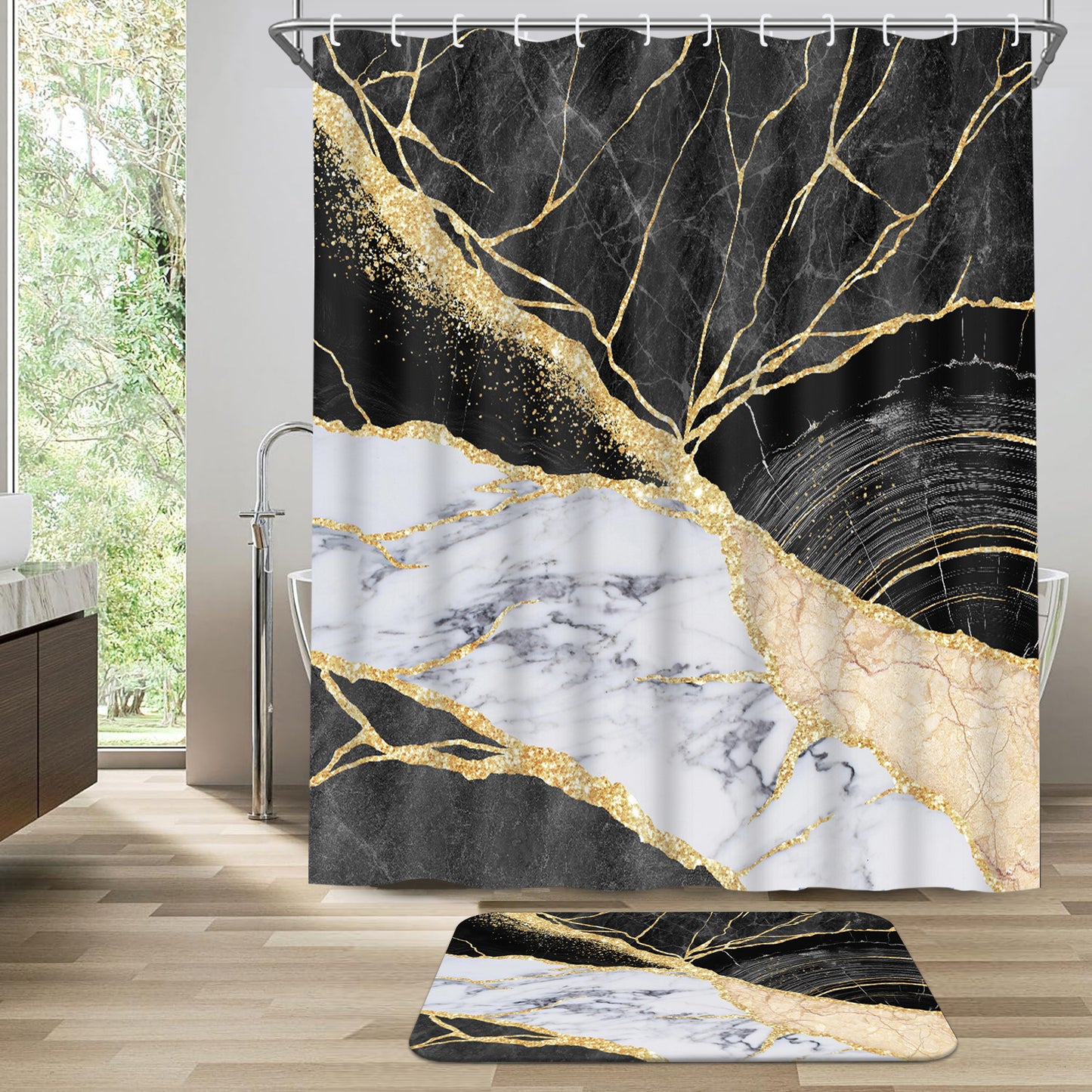 FRAMICS Black Gold Marble Shower Curtain and Rug Sets, 16 Pc Modern Bathroom Sets, Waterproof Fabric Shower Curtain with 12 Hooks and Toilet Rugs