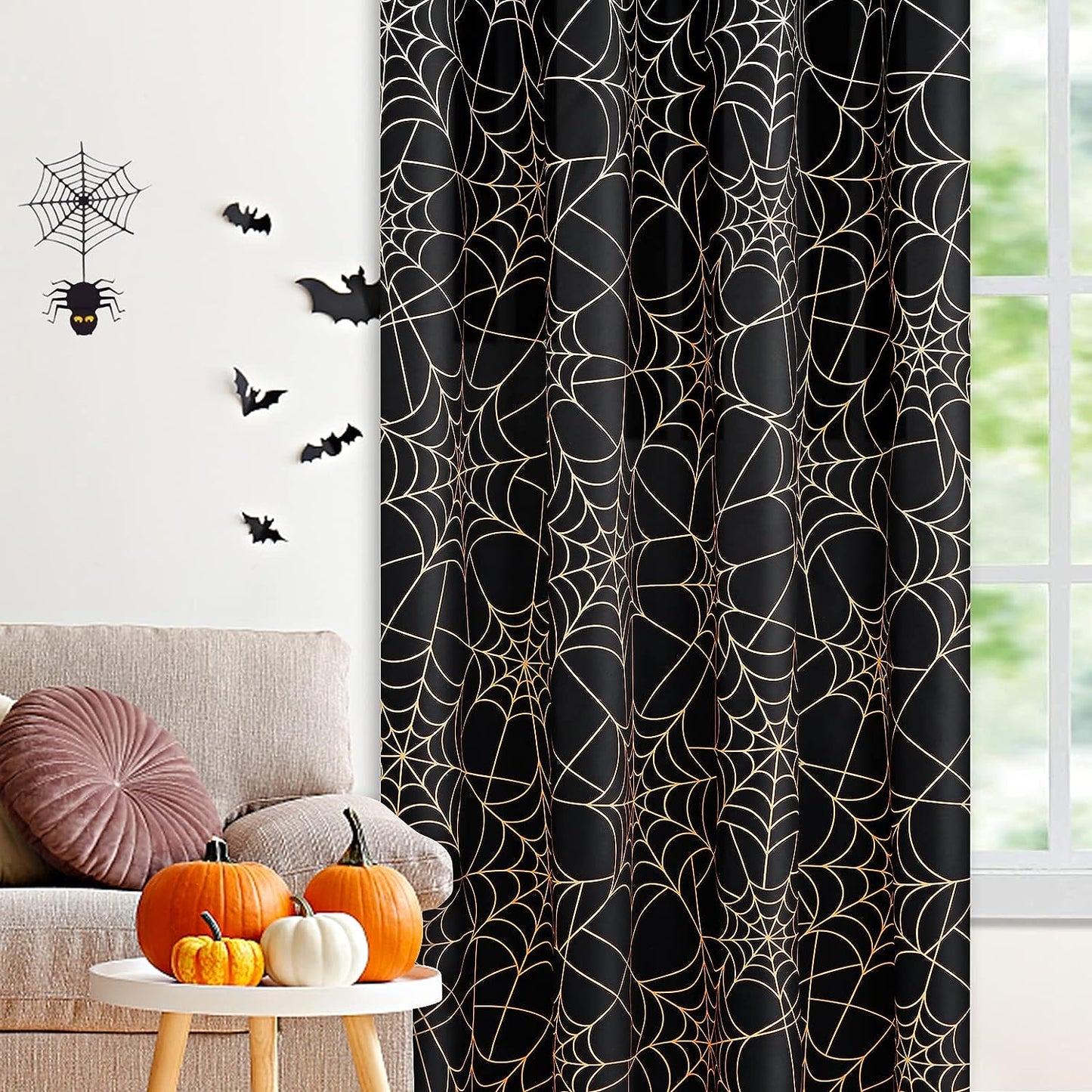 Alishomtll Halloween Curtains Spider Web Printed Window Drapes for Living Room Bedroom,52x63in,Set of 2,Black