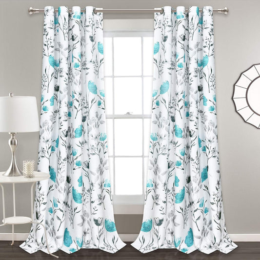 Alishomtll Watercolor Gray Teal Floral Window Curtains for Living Room Light-filtering Grommet Drapes, 52"x 84",Set of 2