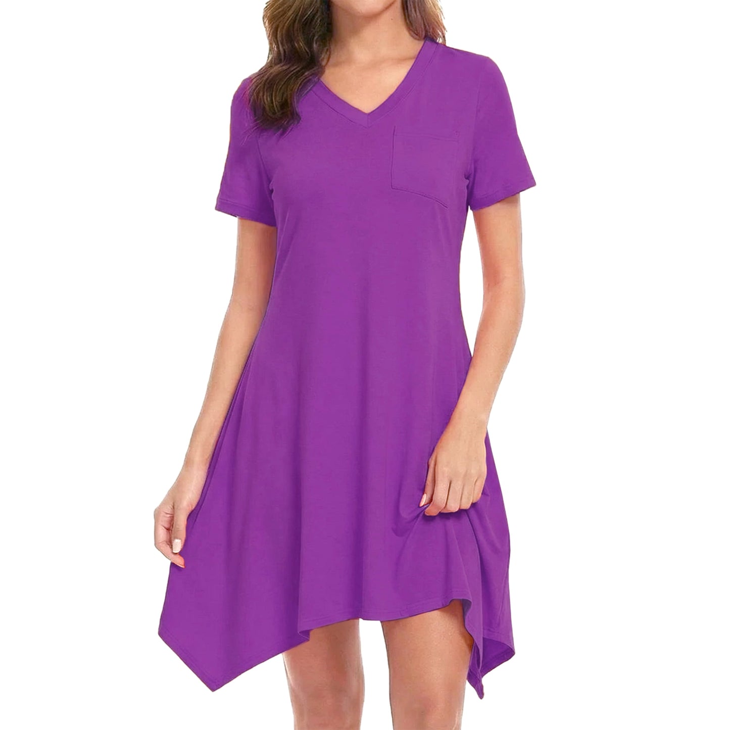 MecTo Women's Nightgown, Soft V-Neck Short Sleeve Nightgowns for Women with Pockets, Irregular Hem Casual Sleep Dress & Sleepshirt for Ladies