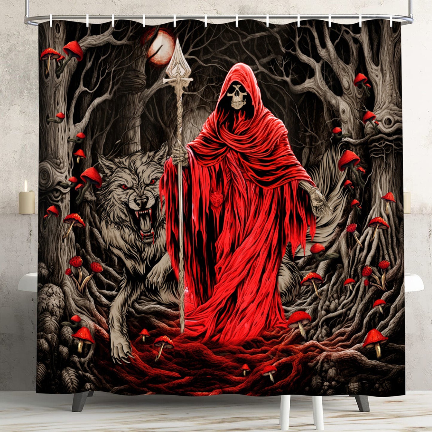 FRAMICS Halloween Death Shower Curtain Sets with Rugs, 16 Pc Goth Scary Skull Bathroom Sets, Red Waterproof Fabric Shower Curtain with 12 Hooks and Toilet Rugs