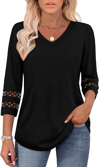 Gingprous 3/4 Sleeve Womens Hallow Out Sleeve Tops V Neck Tunic Blouse Curved Hem Casual Shirt