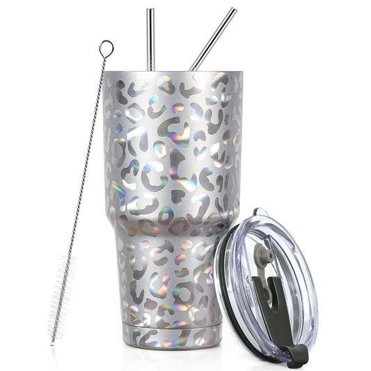 Gingprous 30oz Stainless Steel Tumblers with Lids Straws , Double Wall Coffee Cups， Vacuum Insulated Travel Coffee Mug ，Silver
