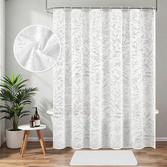FRAMICS Vintage Lace Shower Curtain Sets with Rug and Hooks, Waterproof Fabric Semi Sheer Leaf Floral Bathroom Sets, Mold Resistant, White