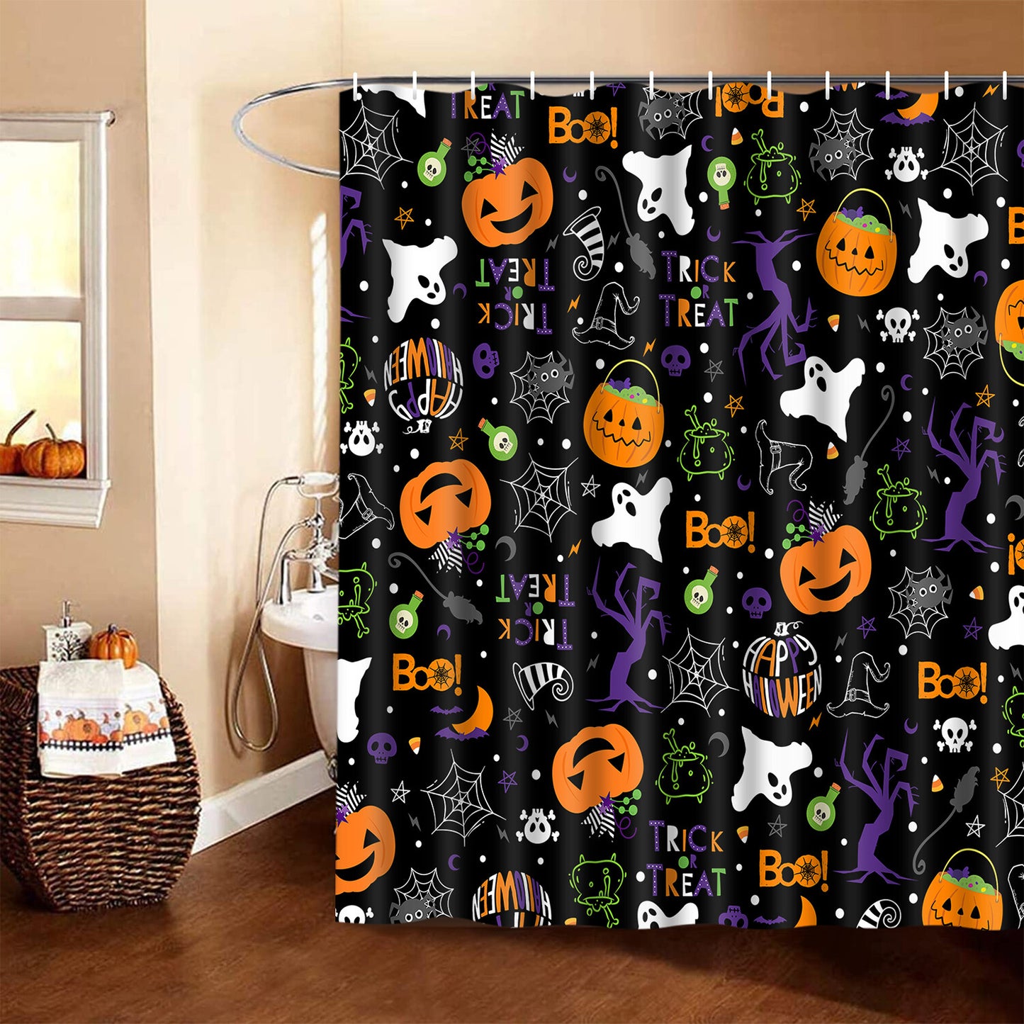 FRAMICS Halloween Shower Curtain Sets with Rugs, 16 Pc Pumpkin Spooky Ghost Bathroom Sets, Black Waterproof Fabric Shower Curtain with 12 Hooks and Toilet Rugs