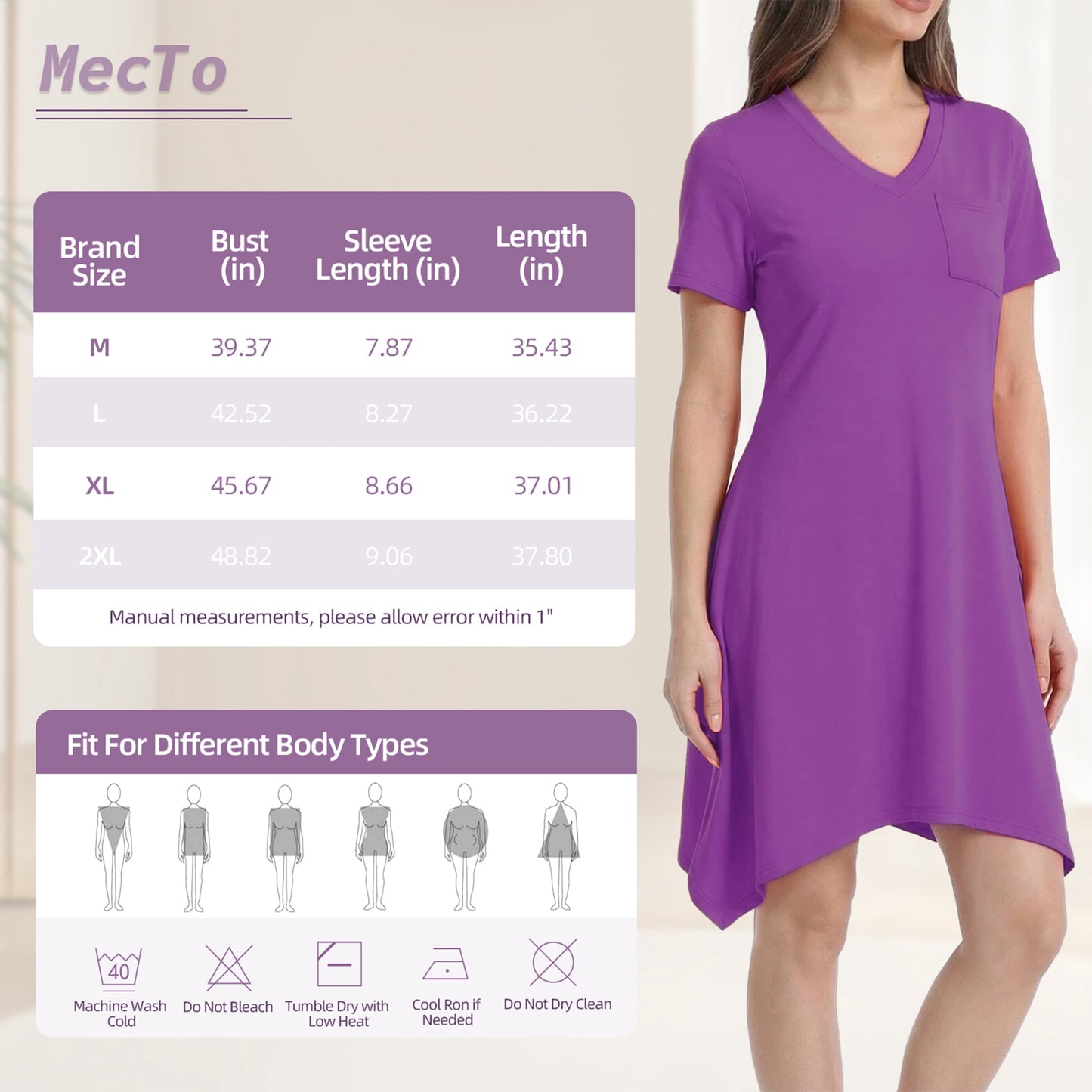 MecTo Women's Nightgown, Soft V-Neck Short Sleeve Nightgowns for Women with Pockets, Irregular Hem Casual Sleep Dress & Sleepshirt for Ladies