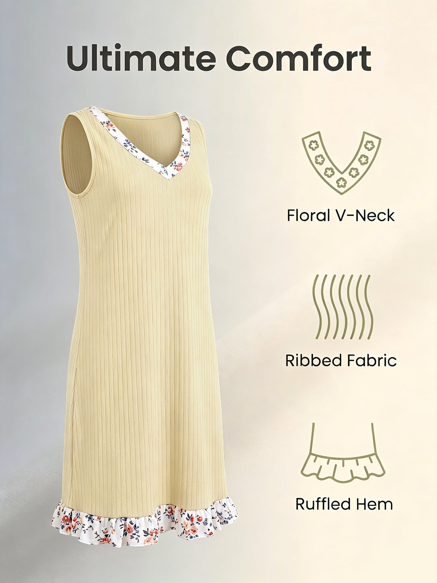 MecTo Women's Nightgown - Ice Silk Sleeveless V Neck Floral Trim Stretchy Sleepwear