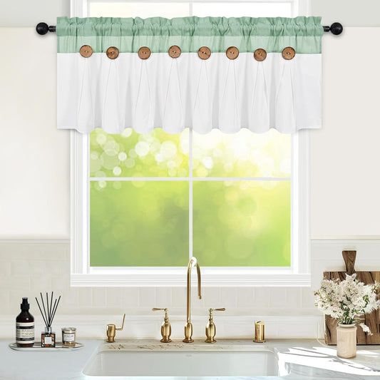 Alishomtll Linen Valance Farmhouse Boho Button Kitchen Curtains ,Rod Pocket,18"L x 52"W, Teal White