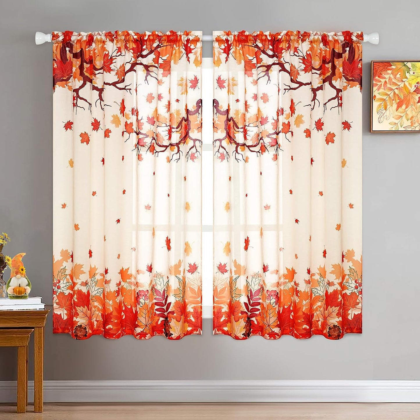 Alishomtll Thanksgiving Fall Curtains for Living Room Semi Sheer Voile Maple Leaves Window Drapes ,2 Panels,52"W × 63"L,Rod Pocket