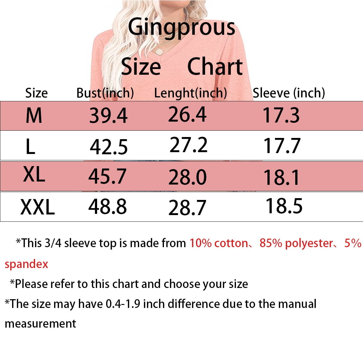 Gingprous 3/4 Sleeve Womens Hallow Out Sleeve Tops V Neck Tunic Blouse Curved Hem Casual Shirt