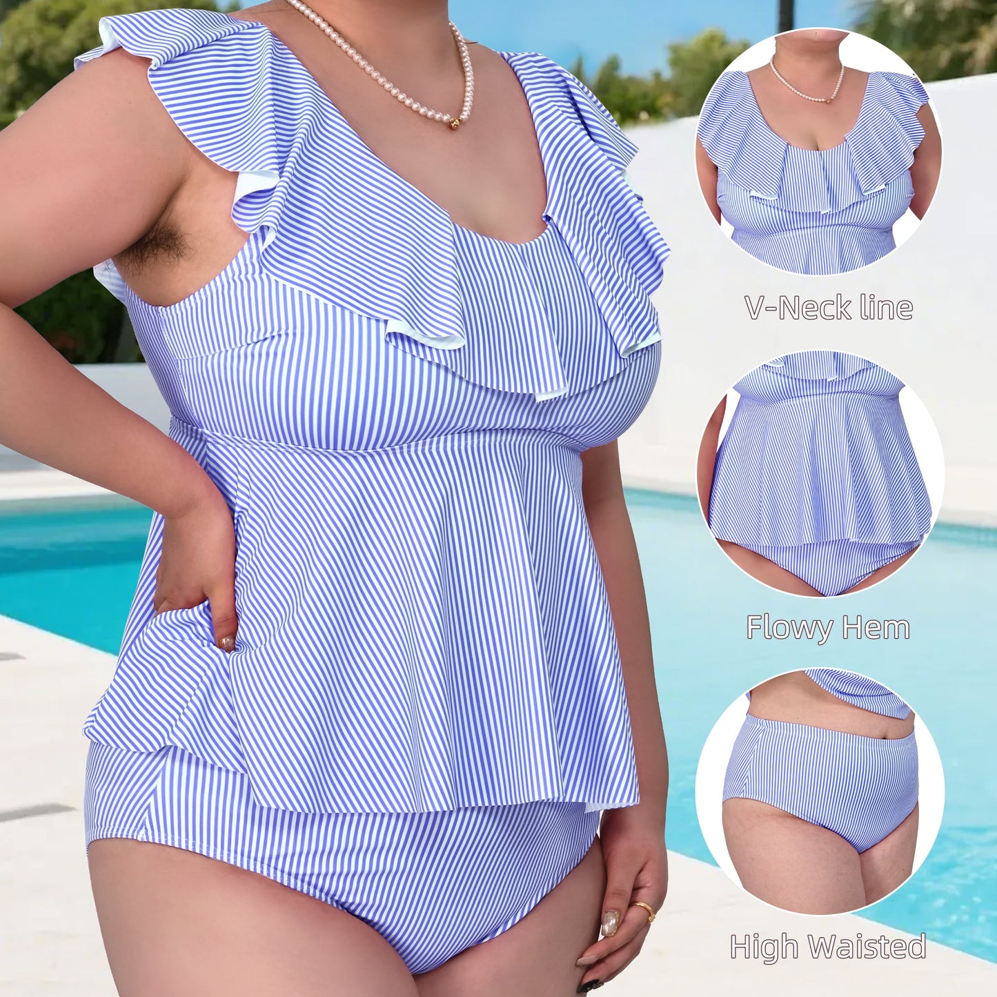 MecTo Tankini Swimsuits for Women Plus Size 2 Piece Swimsuit, Striped Ruffle Bikini Bathing Suit Swimwear