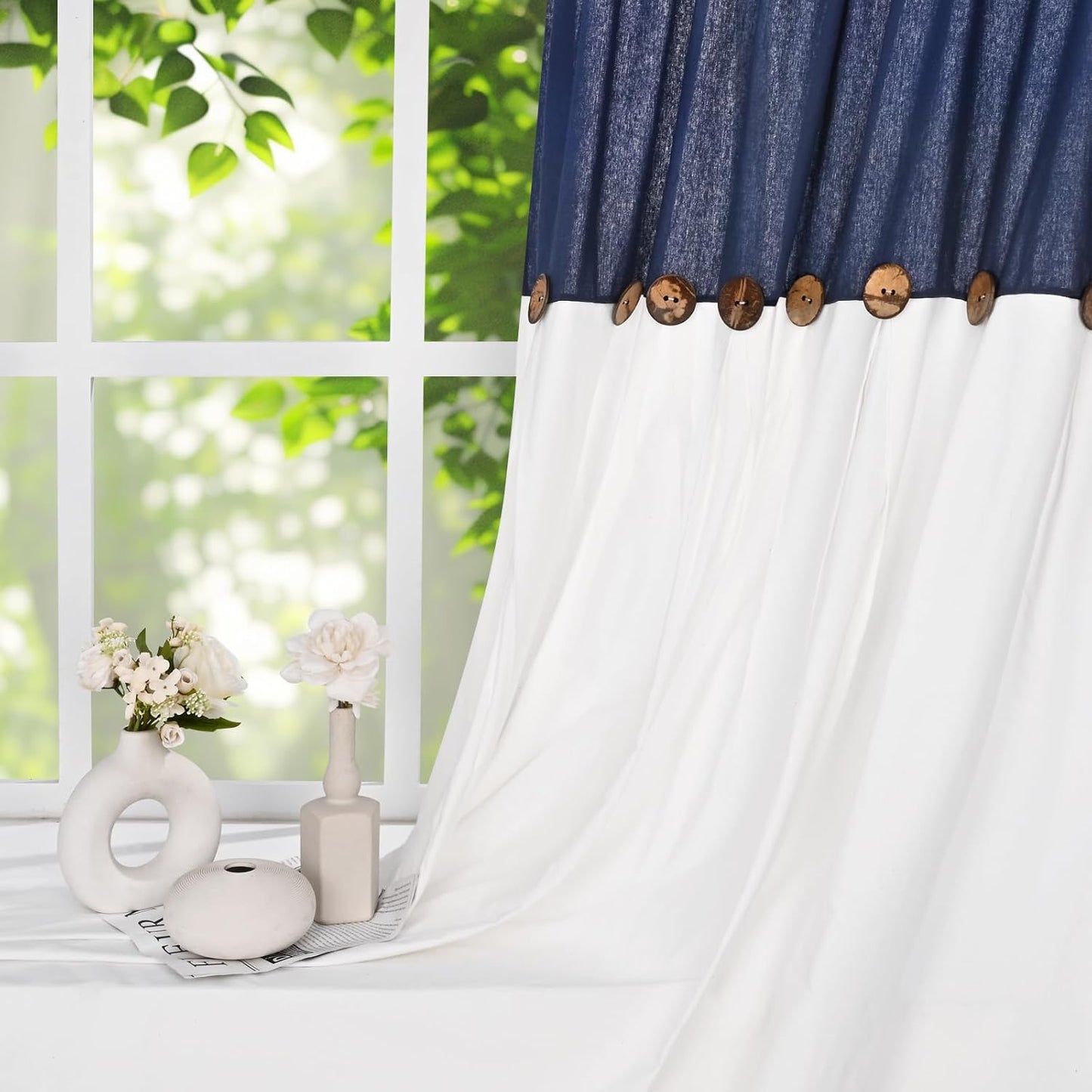 Alishomtll Linen Curtains Farmhouse Boho Button Light Filtering Window Drapes For Living Room Bedroom,Rod Pocket,84"L x 52"W, 2 Panel,Blue White