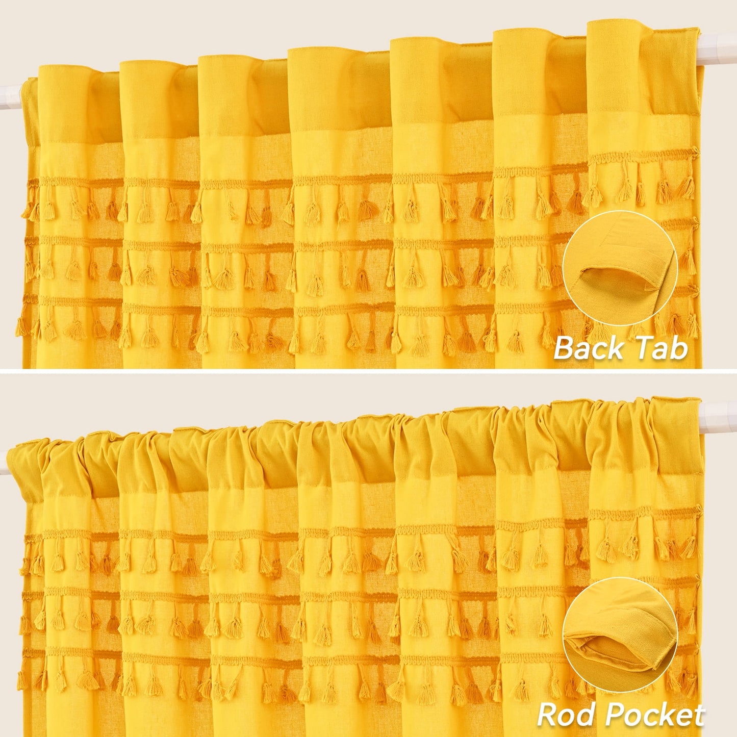 Alishomtll Boho Curtains for Living Room Semi Blackout Curtains with 8 Tassel Window Drapes Back Tab ,Mustard Yellow，52"Wx63"L，2 Panels
