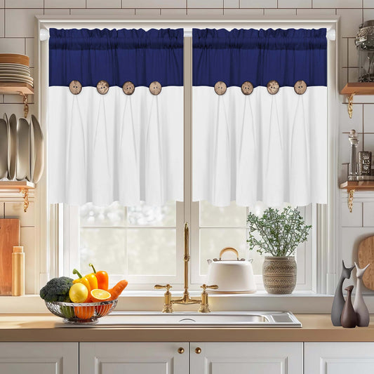 Alishomtll Farmhouse White Solid Print Rustic Rod Pocket Light Filtering Curtain Set, 26" x 24" (2 Panels),Blue White