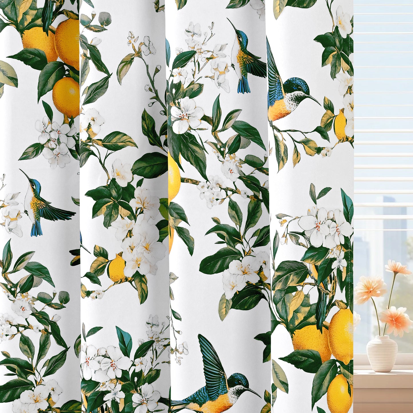 Alishomtll Floral Lemon Hummingbird Blackout Curtains Room Darkening Grommet Window Drapes for Living Room , 52"x63", ,Set of 2 Panels,White