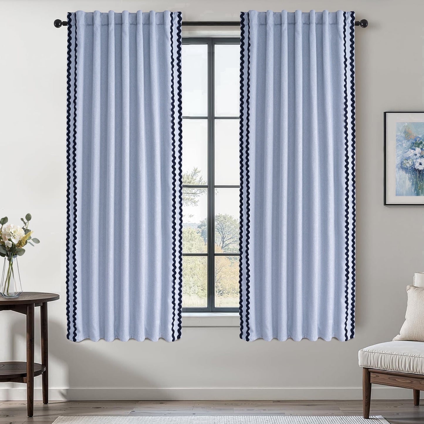 Alishomtll Blue Scalloped Rod Pocket Back Tab Blackout Curtains for Bedroom ,52"x 63",Pack of 2