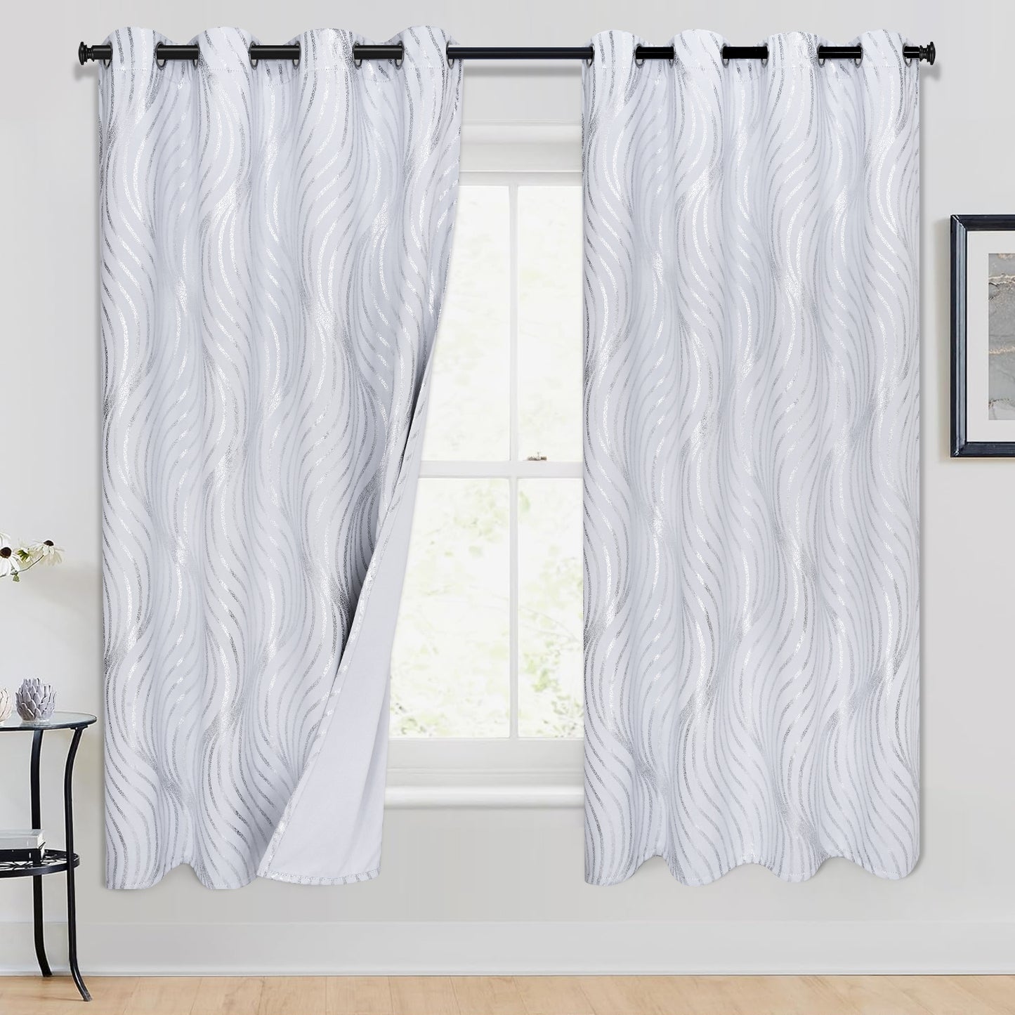 Alishomtll White Blackout Curtains for Living Room ,Modern Metallic Silver Wave Pattern Bedroom Thermal Insulated Drapes ,2 Panel Set,52"x63"