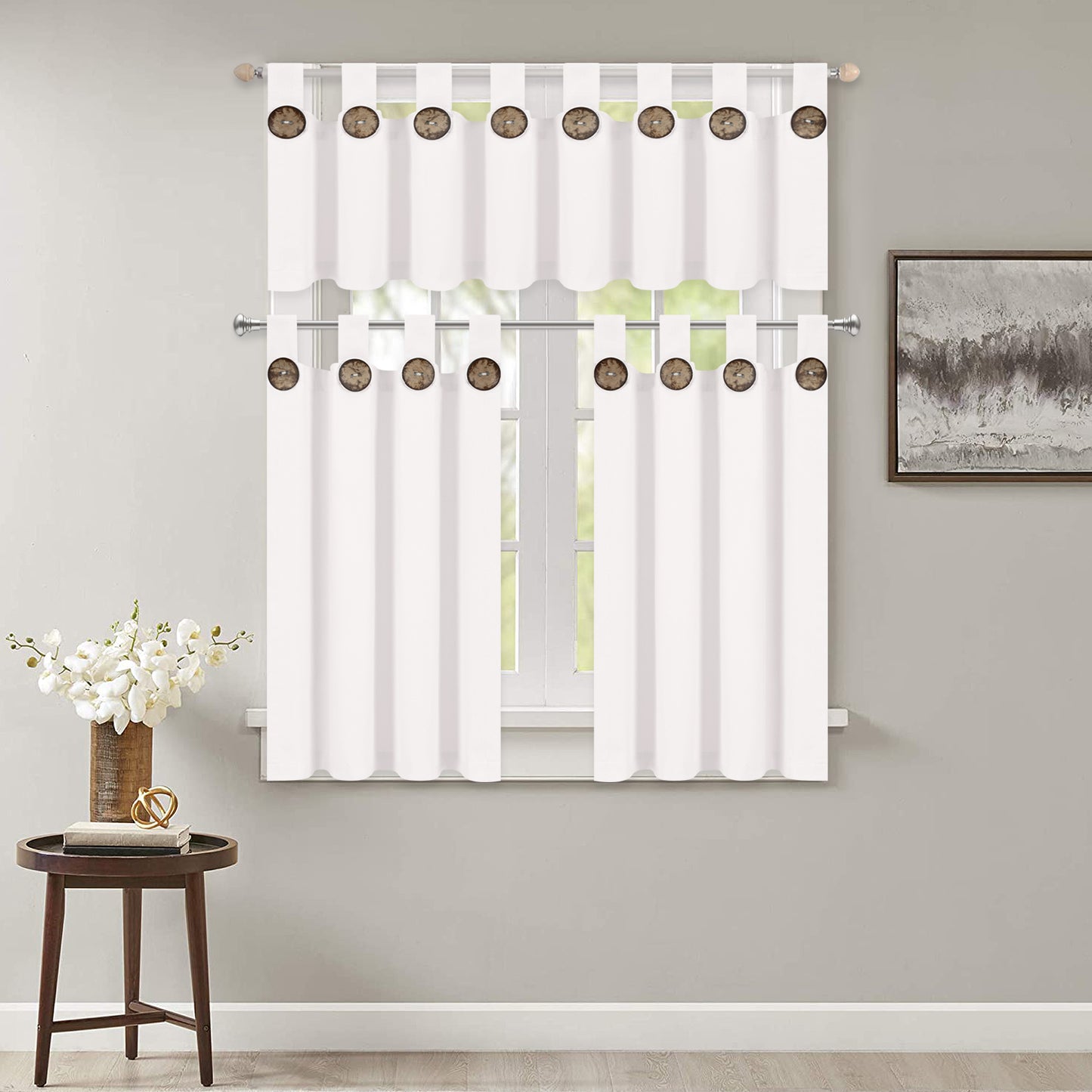 Alishomtll White Kitchen Curtains Tier 36 Inch Farmhouse Button Cafe Curtains,2 Panels,Tab Top