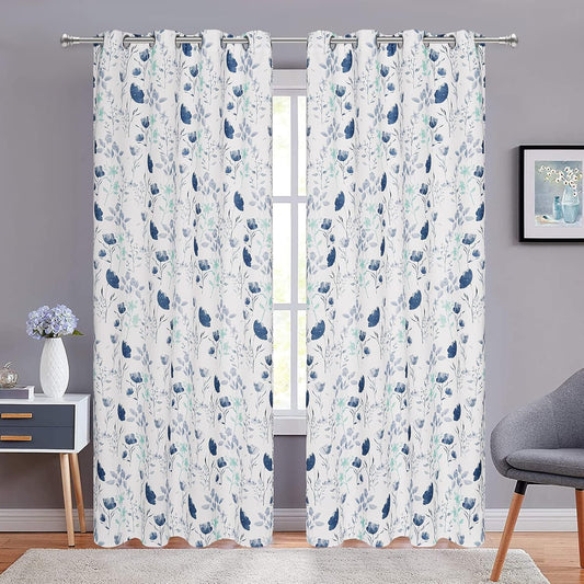 Alishomtll Watercolor Gray Blue Floral Window Curtains for Living Room Light-filtering Grommet Drapes, 52"x 84",Set of 2