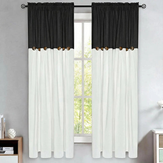 Alishomtll Linen Curtains Farmhouse Boho Button Light Filtering Window Drapes For Living Room Bedroom,Rod Pocket,63"L x 52"W, 2 Panel,Black White