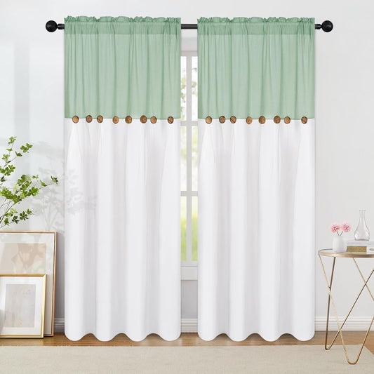Alishomtll Linen Curtains Farmhouse Boho Button Light Filtering Window Drapes For Living Room Bedroom,Rod Pocket,84"L x 52"W, 2 Panel,Teal White